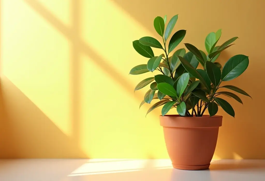 Planta de louro exuberante em vaso de terracota sob a luz do sol