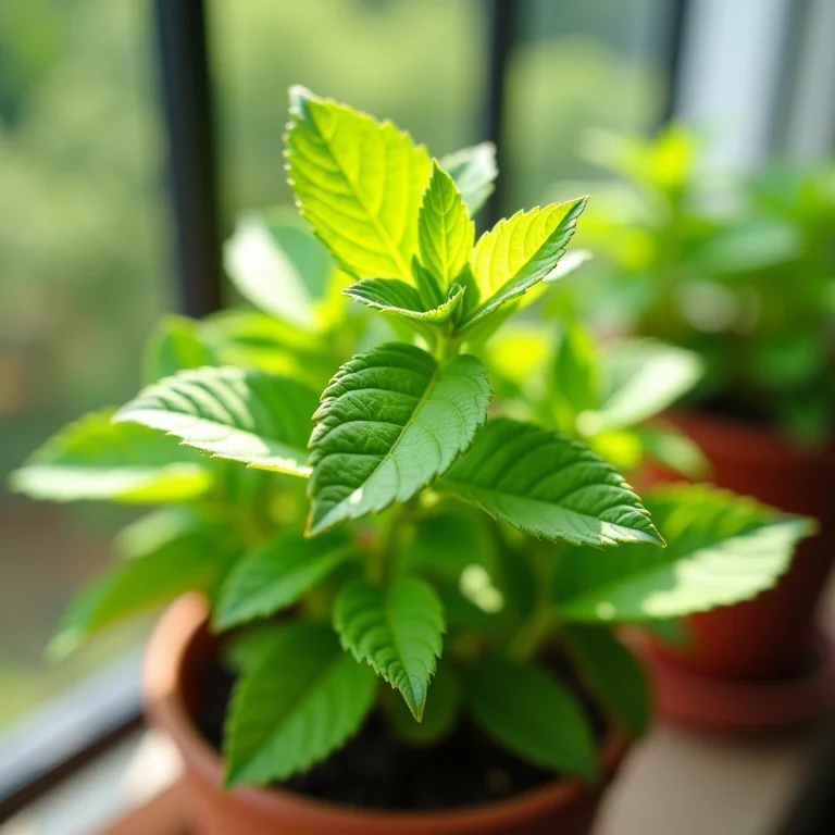 Plantação caseira de erva cidreira em vaso, com folhas verde vibrantes.