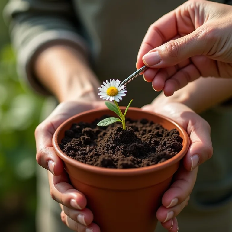 Plantando sementes de camomila em um vaso