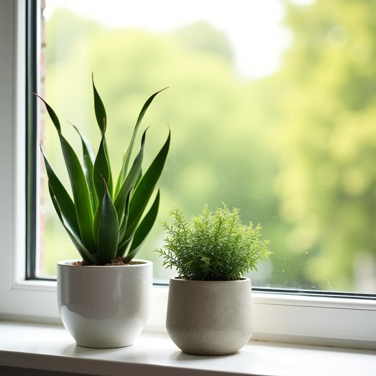 Plantas resistentes como a espada-de-são-jorge e zamioculca em vasos de concreto
