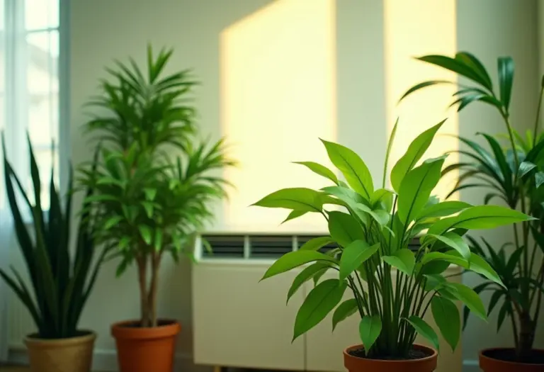 Plantas verdes exuberantes em ambiente moderno com ar condicionado