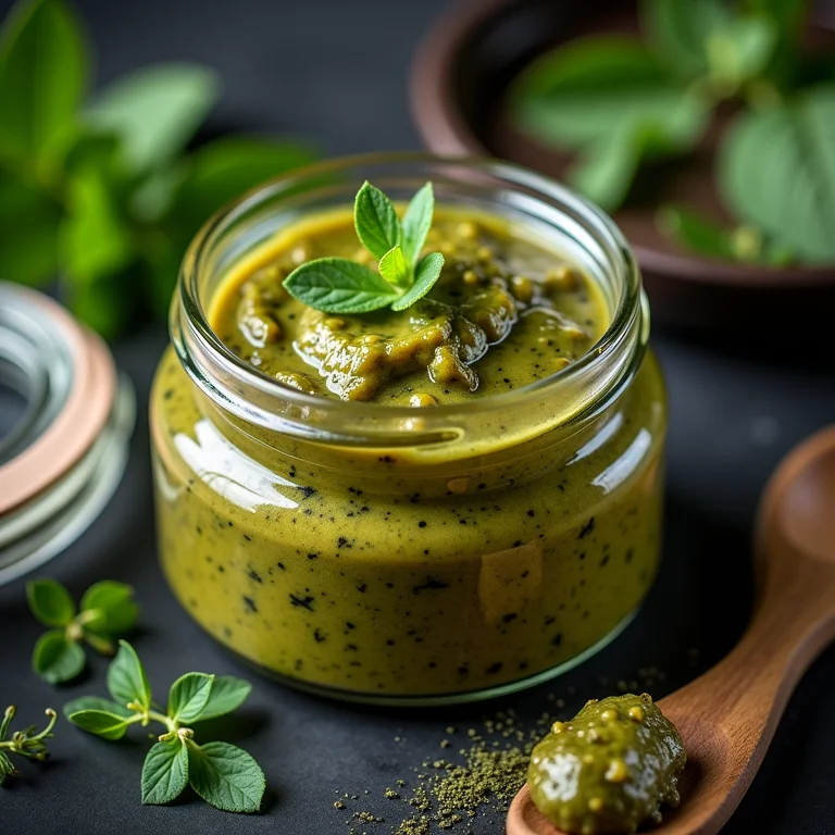 Pote de manteiga de ervas com detalhes das ervas em close-up.