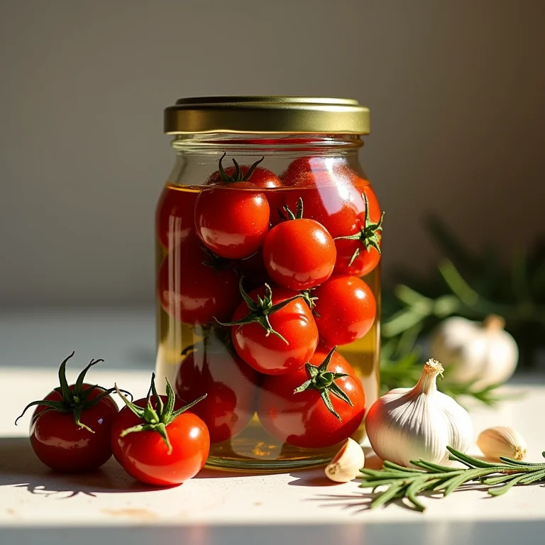 Pote de vidro cheio de tomates secos conservados em azeite com alho e ervas.