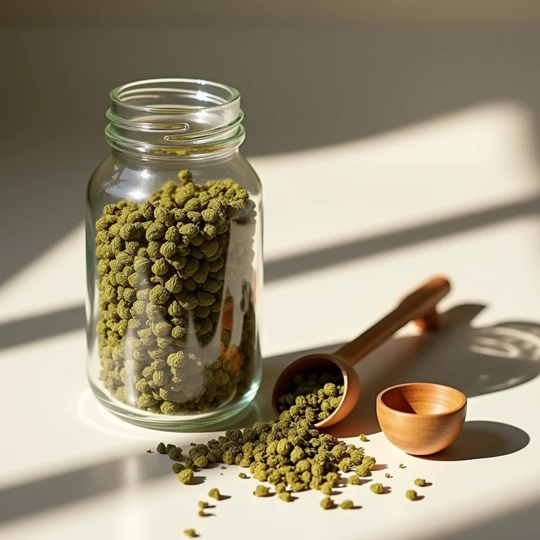 Pote de vidro com catnip seco, colher medidora e guia de uso