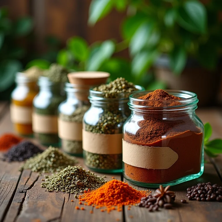 Potes de vidro com ervas e especiarias