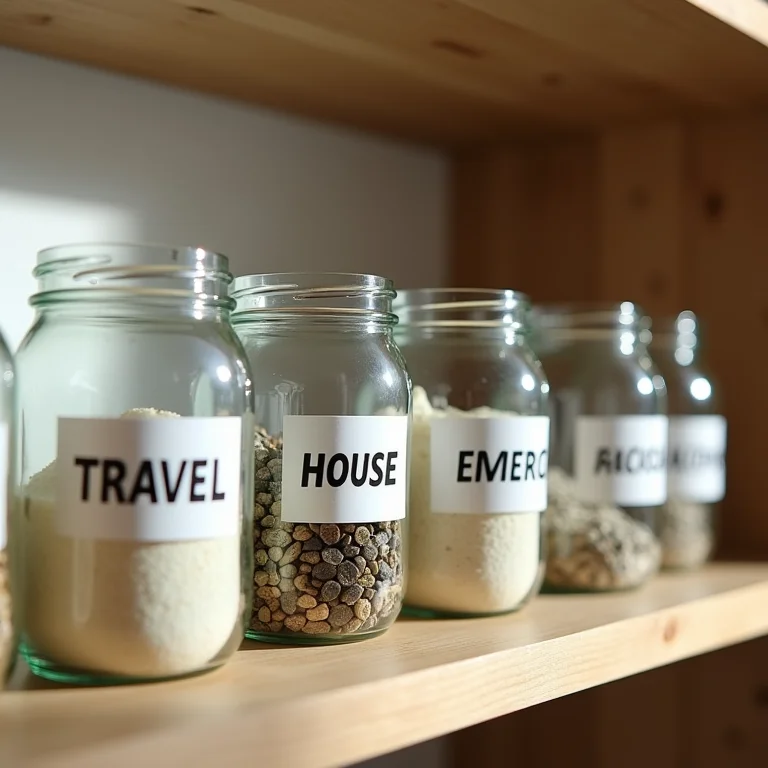 Potes de vidro com etiquetas de metas de poupança ('Viagem', 'Casa', 'Emergência')