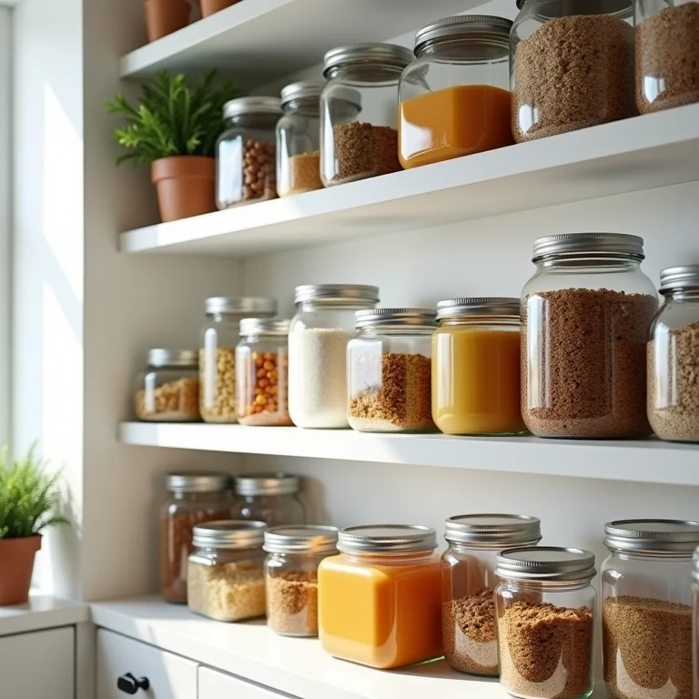 Potes de vidro organizados em prateleiras de despensa.