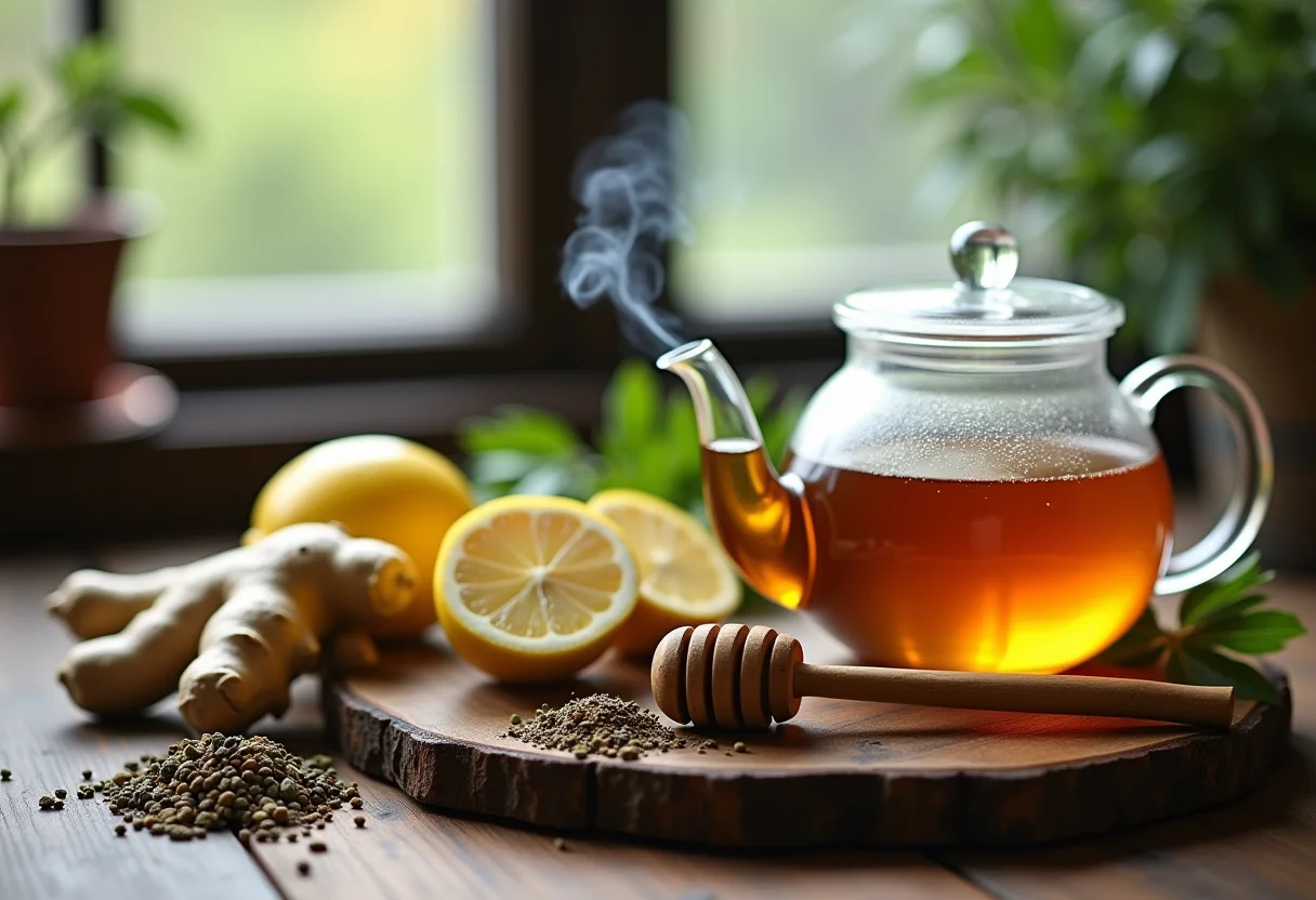 Preparação de chá caseiro para dor de garganta com gengibre, limão, mel e ervas.