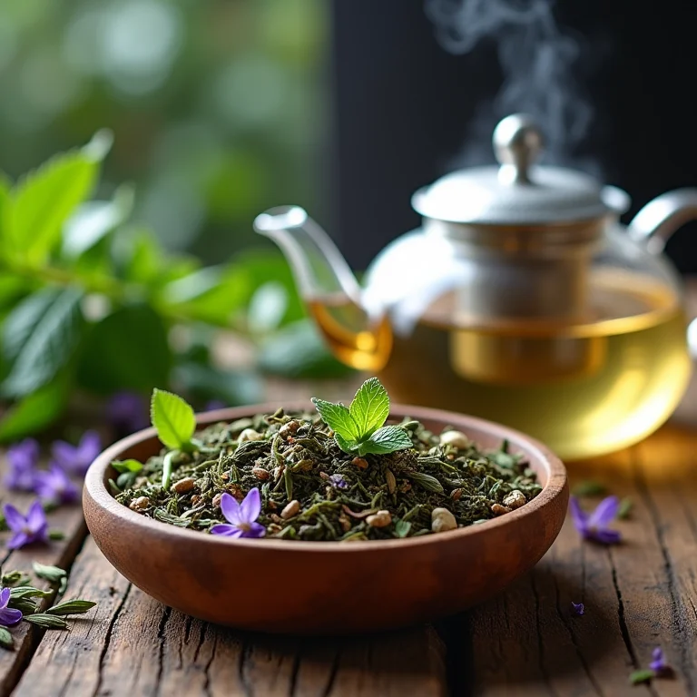 Preparação de chá com folhas frescas e ervas (hortelã, camomila, lavanda).