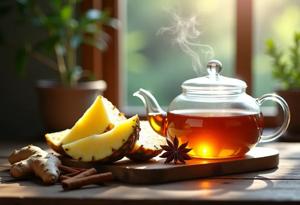 Preparação de chá de abacaxi com especiarias em mesa rústica.