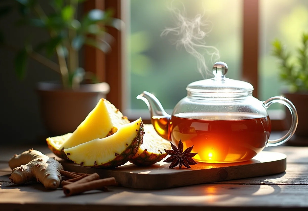 Preparação de chá de abacaxi com especiarias em mesa rústica.