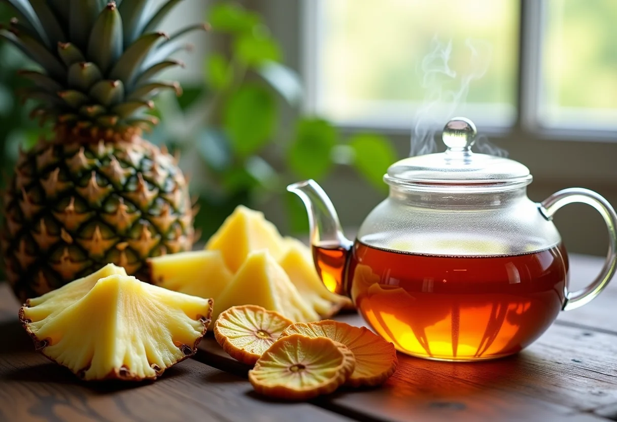 Preparação de chá de abacaxi com ingredientes frescos e secos.