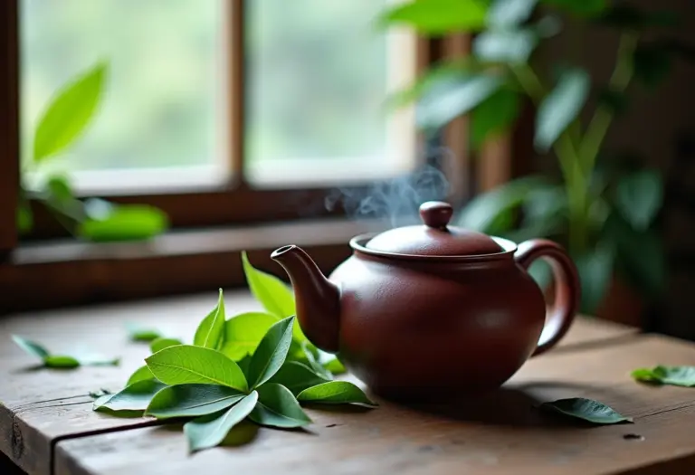 Preparação de chá de boldo em mesa rústica com folhas frescas.