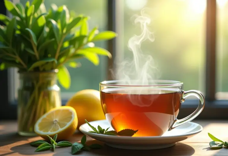 Preparação de chá de capim cidreira em mesa rústica com luz natural