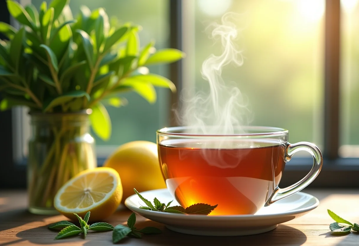 Preparação de chá de capim cidreira em mesa rústica com luz natural