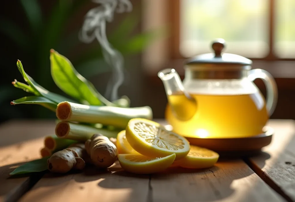 Preparação de chá de capim limão com gengibre em mesa de madeira rústica