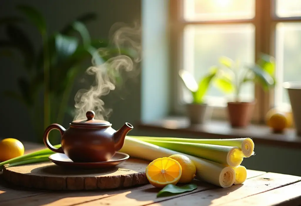 Preparação de chá de capim santo em mesa de madeira rústica