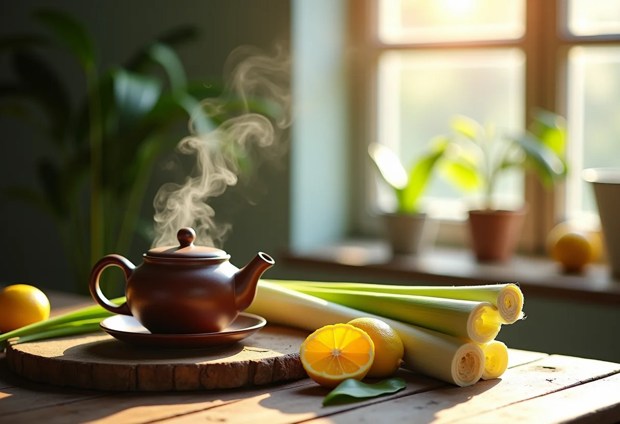 Preparação de chá de capim santo em mesa de madeira rústica