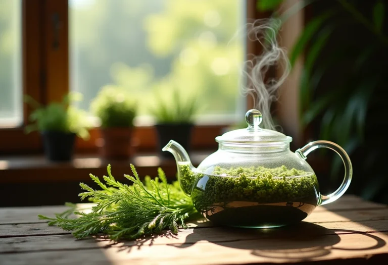 Preparação de chá de cavalinha em bule de vidro sobre mesa rústica