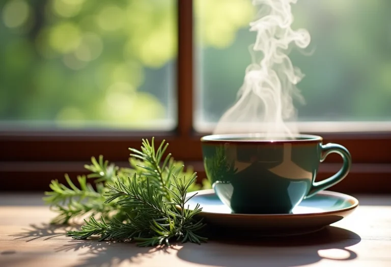 Preparação de chá de cavalinha em mesa rústica com luz natural