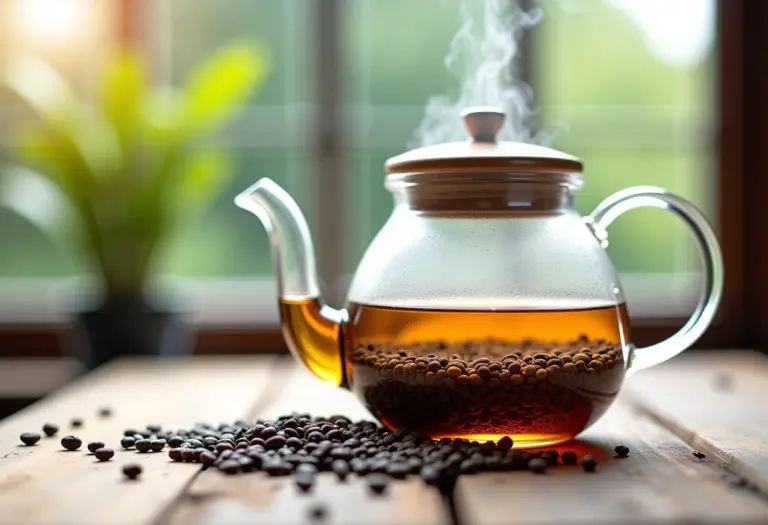 Preparação de chá de chia em bule de vidro sobre mesa rústica.