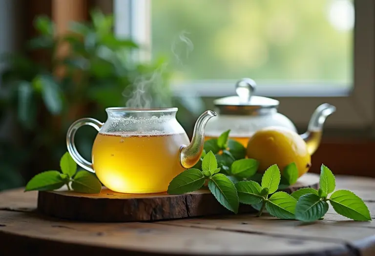 Preparação de chá de erva cidreira em bule de vidro com vapor e folhas frescas ao redor.