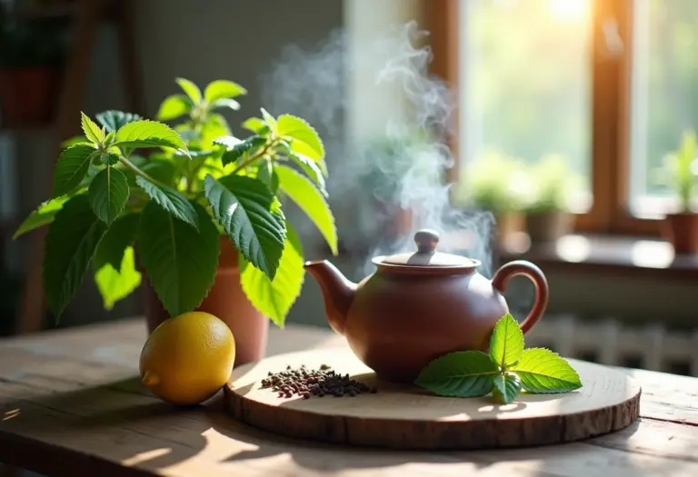 Preparação de chá de erva cidreira em mesa de madeira rústica com luz natural.
