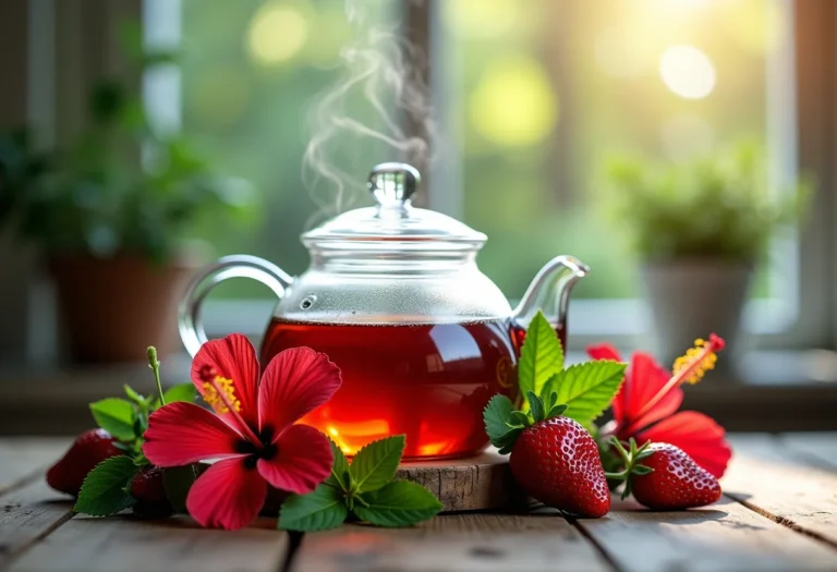 Preparação de chá de hibisco com morangos frescos e hortelã em mesa rústica