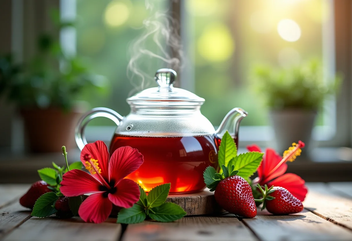 Preparação de chá de hibisco com morangos frescos e hortelã em mesa rústica