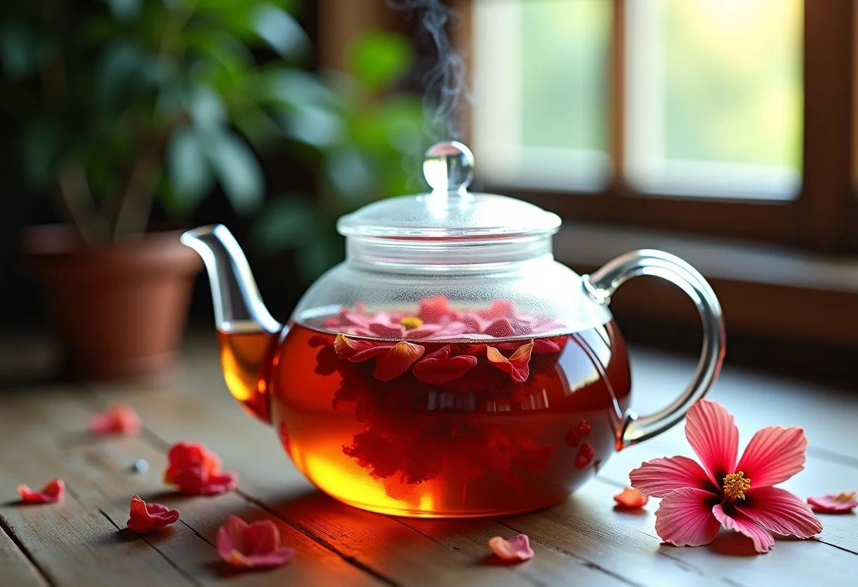 Preparação de chá de hibisco em bule de vidro sobre mesa rústica.