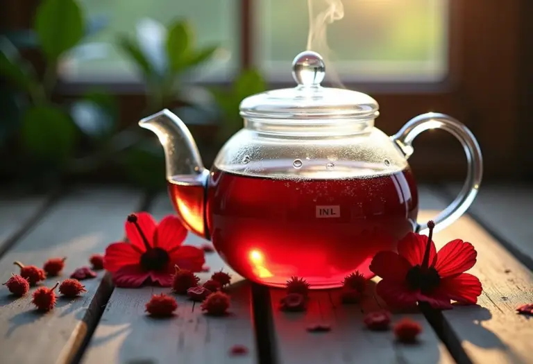 Preparação de chá de hibisco em mesa de madeira rústica com flores secas ao redor.
