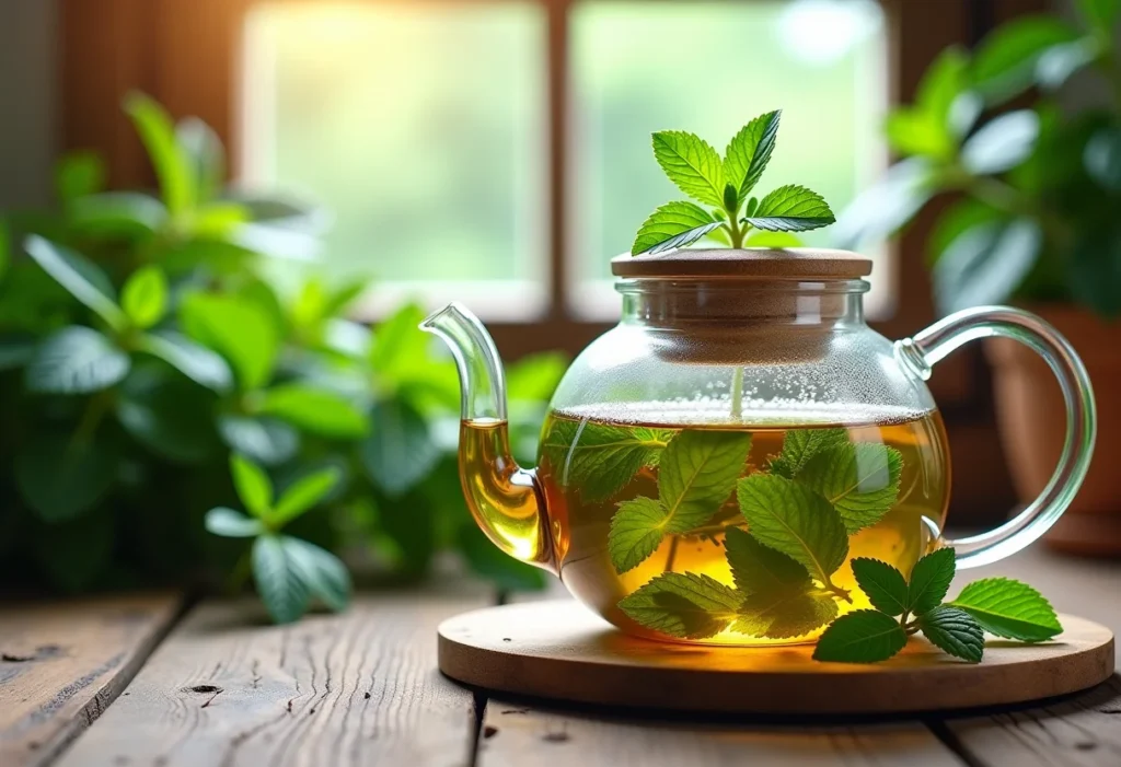 Preparação de chá de hortelã fresco em bule de vidro sobre mesa rústica.