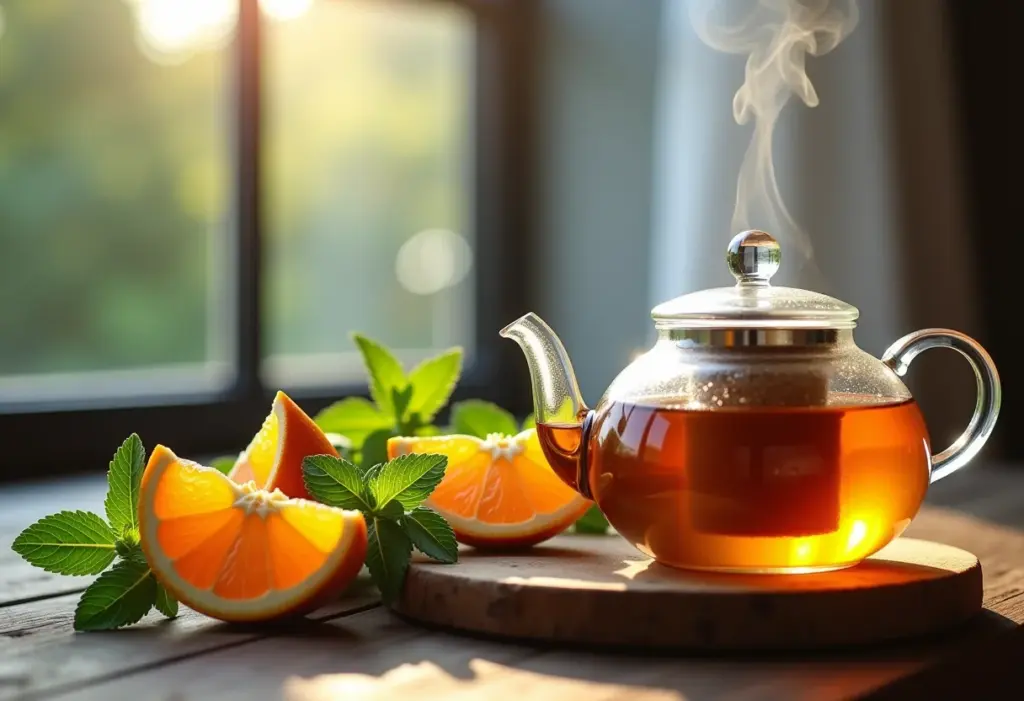 Preparação de chá de laranja com hortelã em mesa rústica