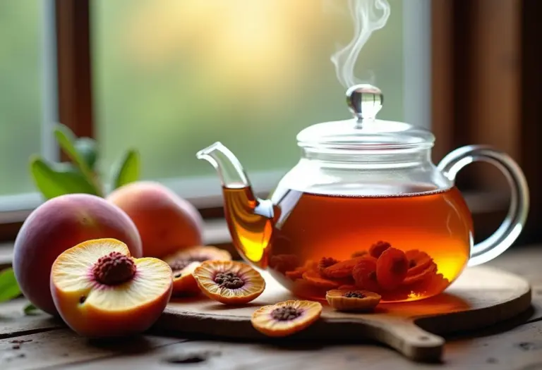 Preparação de chá de pêssego em mesa rústica com luz natural