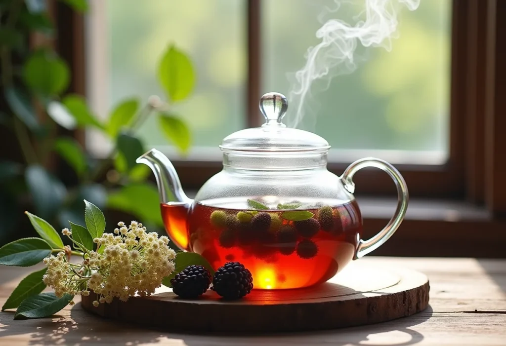 Chá de Sabugueiro: O segredo para uma imunidade de ferro! Preparação de chá de sabugueiro em bule de vidro com ingredientes frescos.