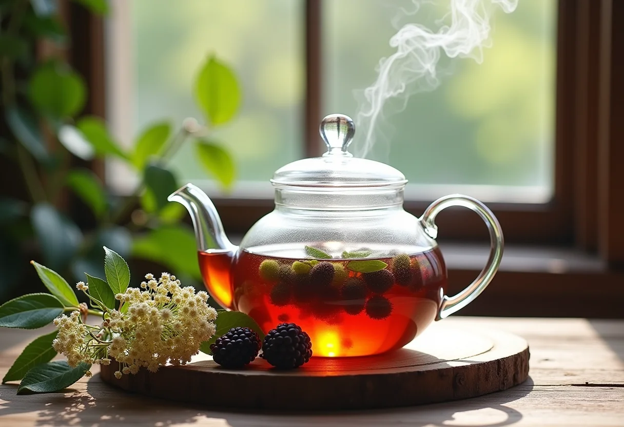 Preparação de chá de sabugueiro em bule de vidro com ingredientes frescos.