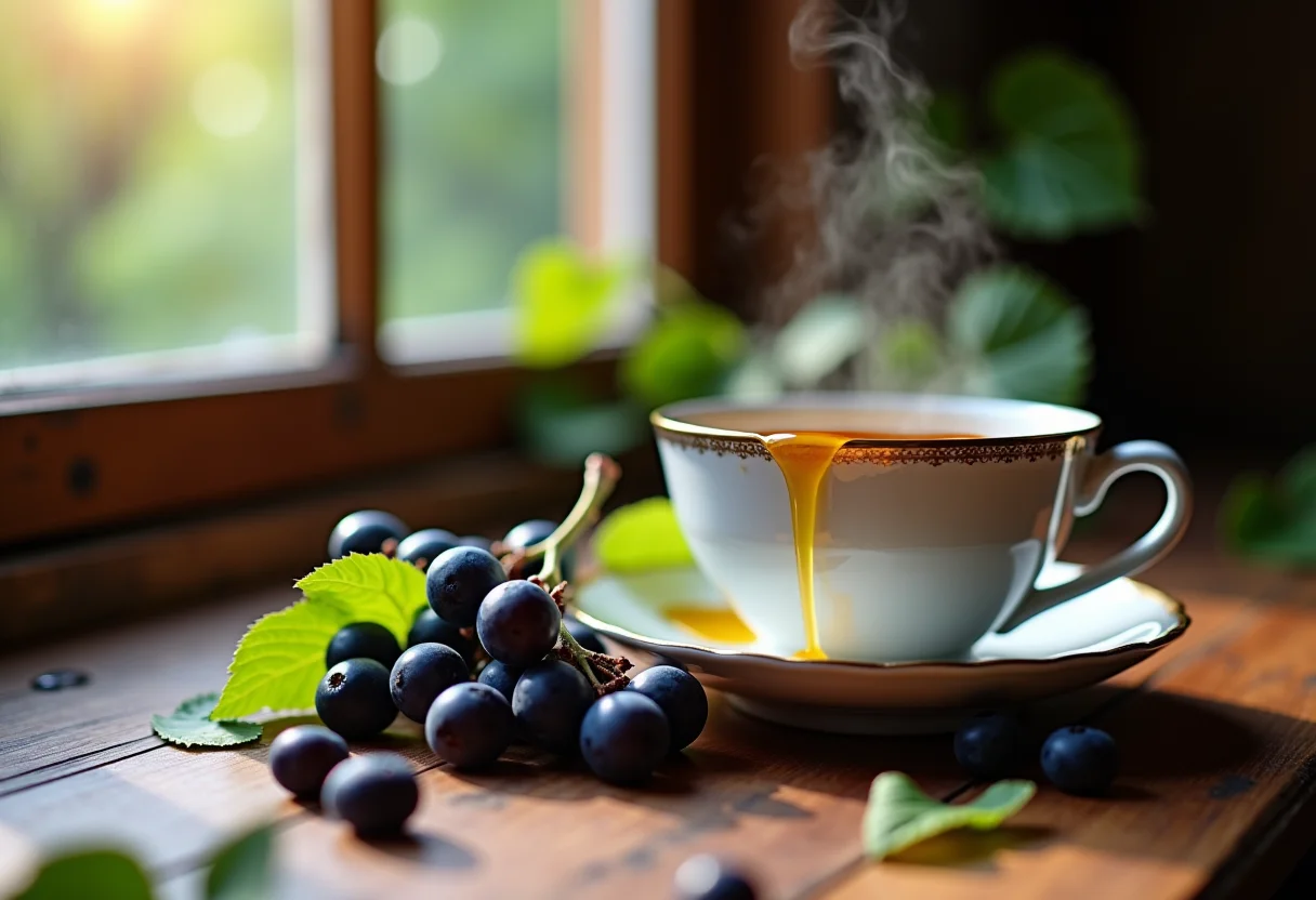 Preparação de chá de uva com mel em mesa rústica.
