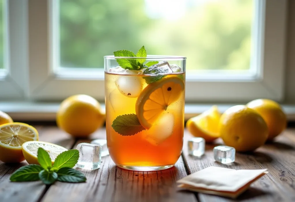 Preparação de chá gelado caseiro em mesa de madeira rústica com ingredientes frescos.