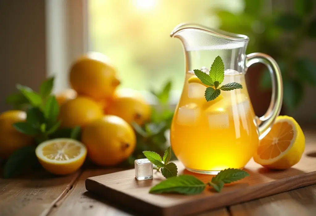 Preparação de chá gelado com limão em mesa de madeira rústica