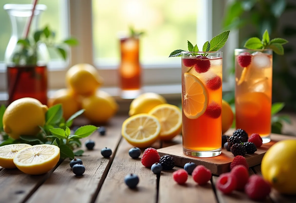 Preparação de chá gelado com produtos Nestlé em mesa rústica com frutas frescas e hortelã.