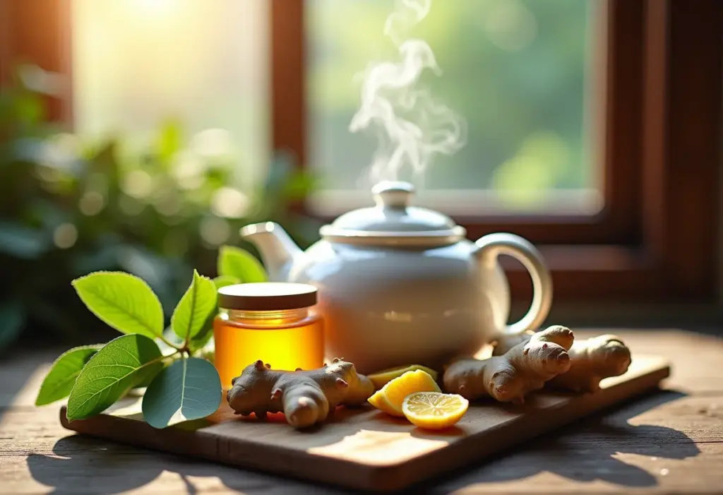 Preparação de chá para rinite e sinusite com eucalipto, gengibre e mel em mesa de madeira rústica