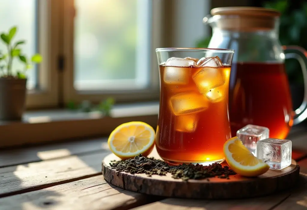Preparação de chá preto gelado com limão em mesa de madeira rústica