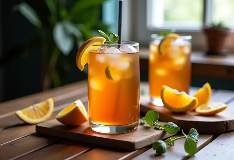 Preparação refrescante de chá gelado com champagne em mesa de madeira rústica.