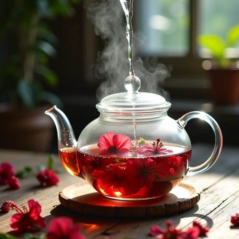 Preparando chá de hibisco em bule de vidro.