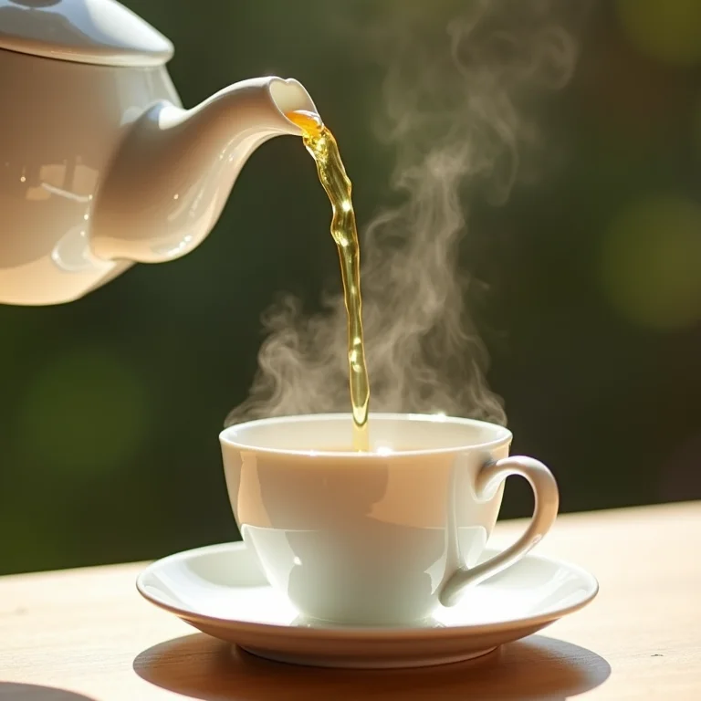 Preparando chá de ulmaria em uma xícara de porcelana.