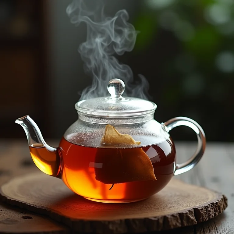 Preparo da base do chá com saquinho em bule de vidro, mostrando a infusão.