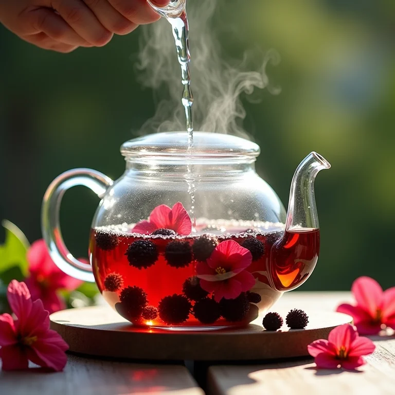 Preparo da infusão de amora e hibisco.
