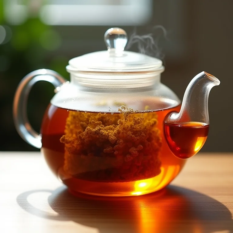 Preparo da infusão do chá em bule de vidro.