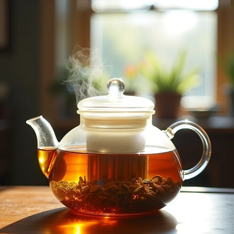 Preparo de chá: bule de vidro transparente com folhas de chá em infusão.