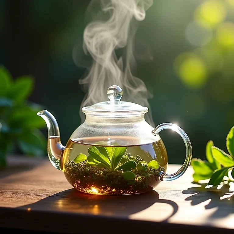 Preparo de chá com ervas em bule de vidro.